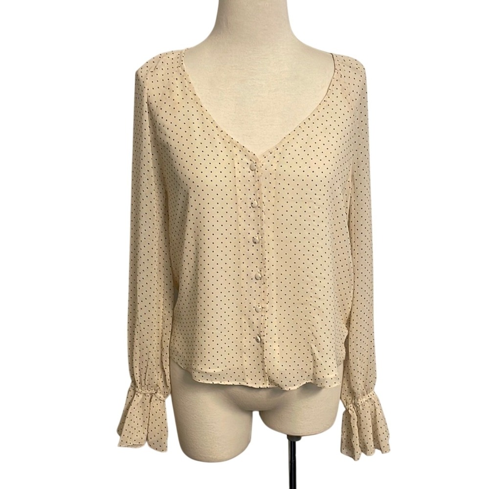 Bohme Cream Polka Dot V-Neck Button Front Blouse with Ruffle Cuffs Small